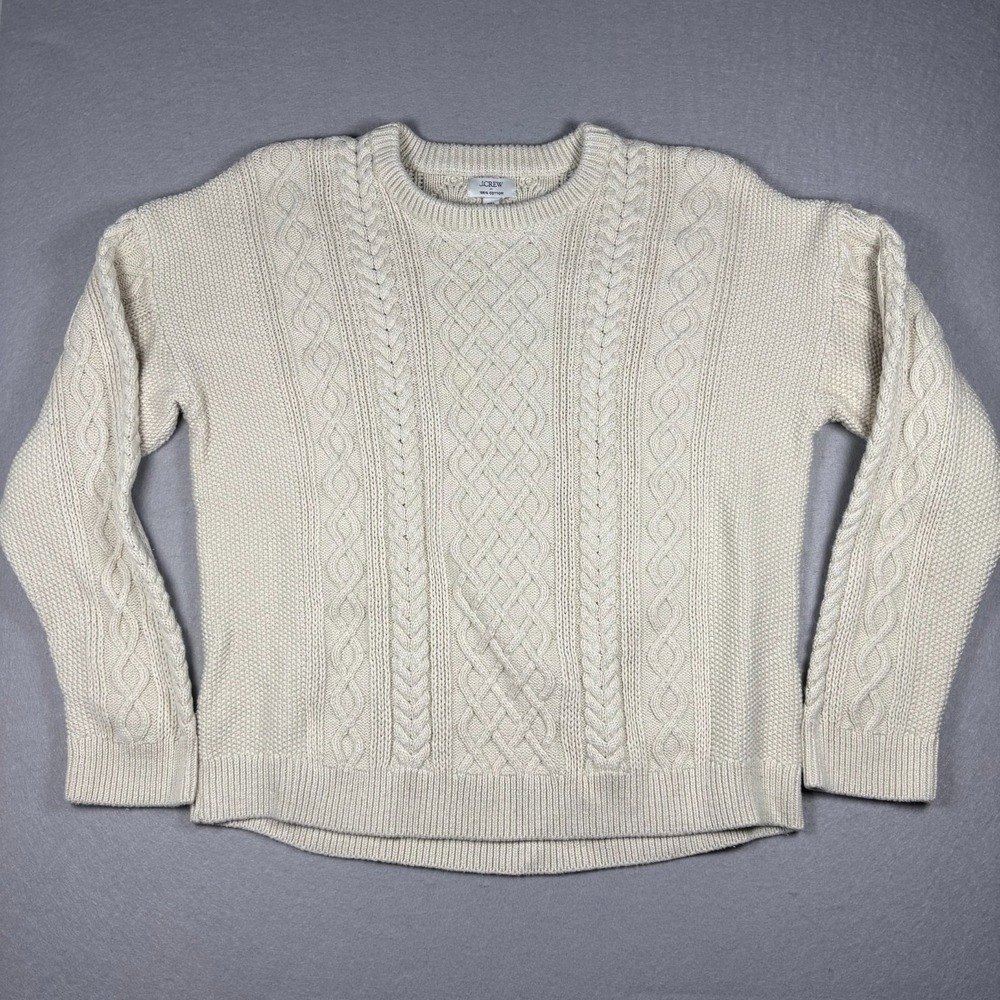 J. Crew Cable Knit Crewneck Sweater Women XXL Cream 100% Cotton Ivory Thick